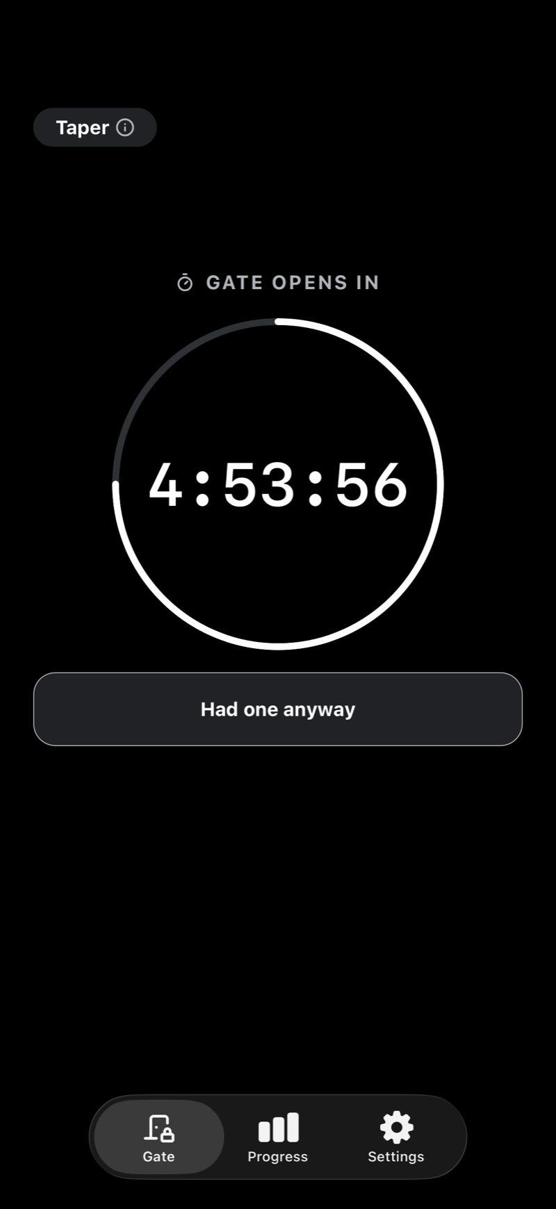 The Gate screen with a countdown until the next pouch