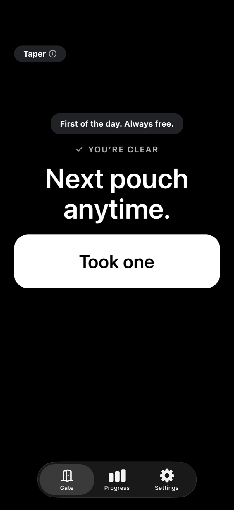 The Unpouch Gate screen: the gate is open and a Took one button is ready